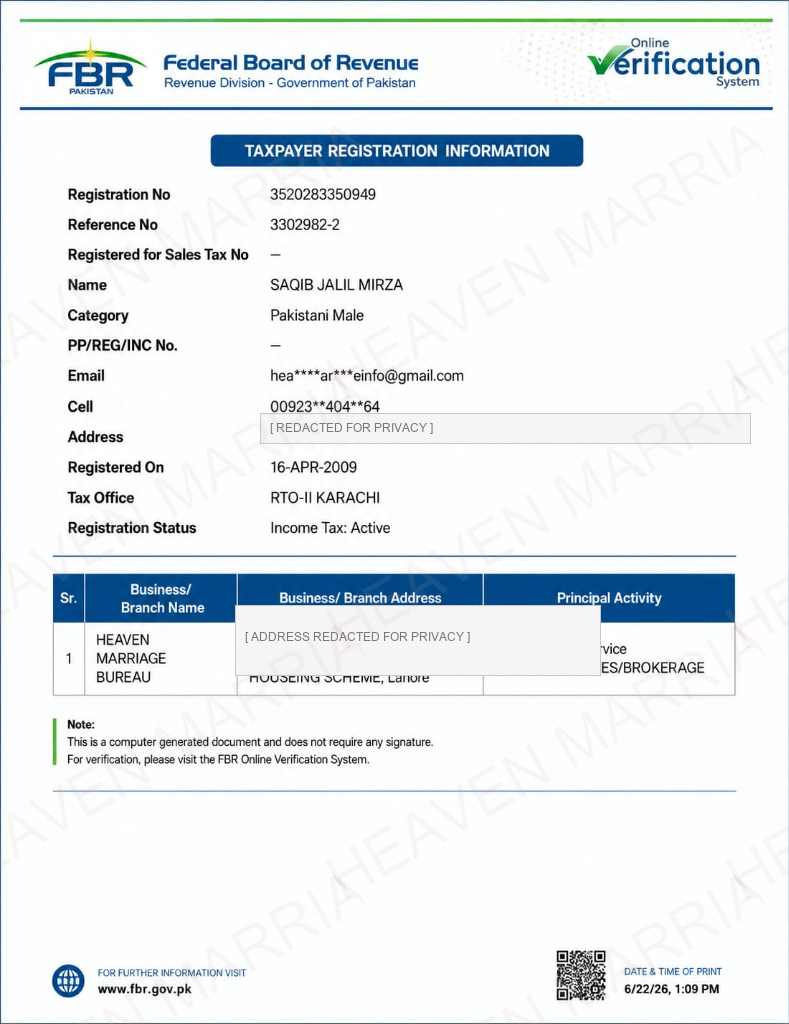 FBR Taxpayer Registration Certificate
